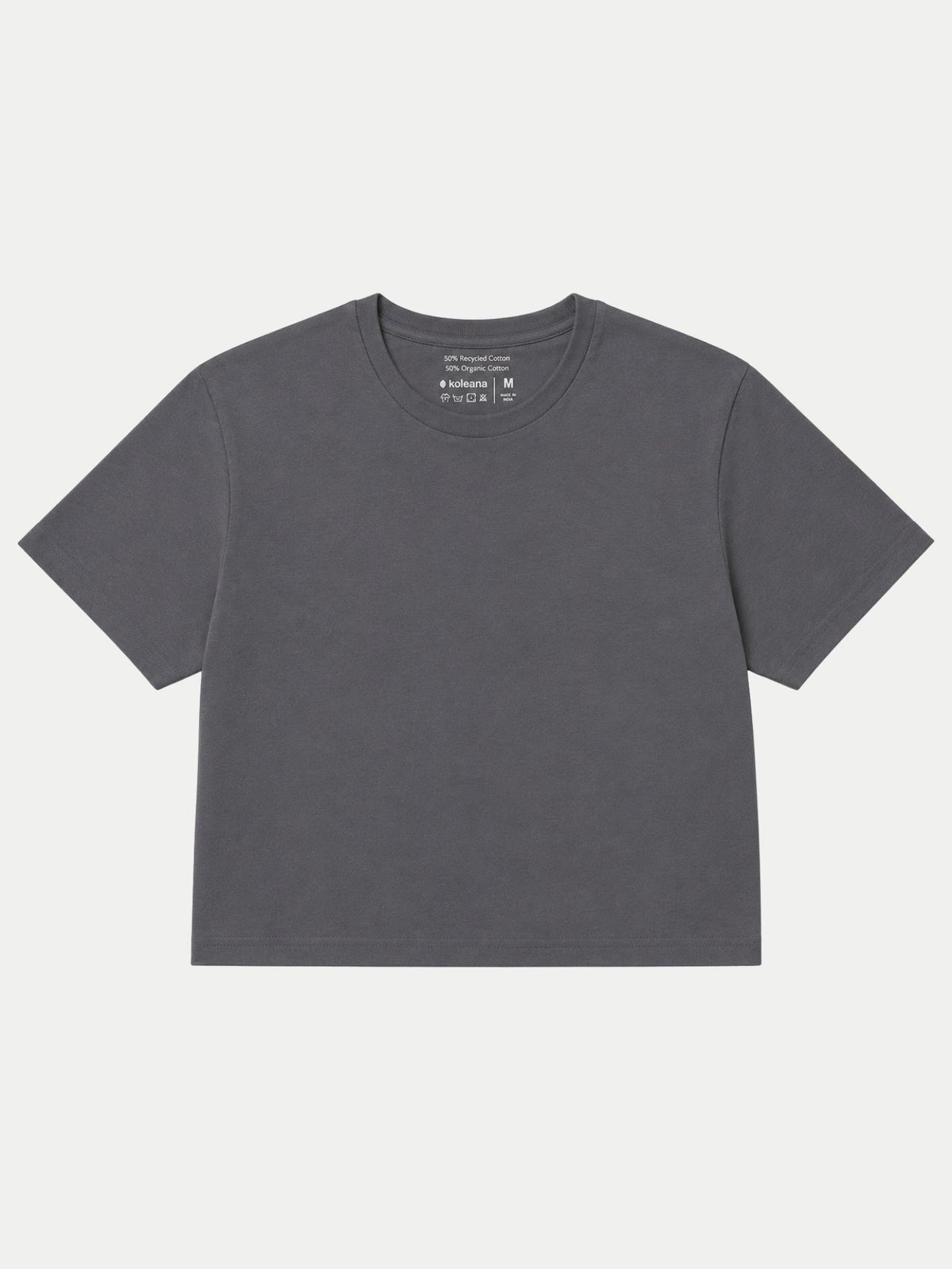 A dark gray short-sleeve crewneck t-shirt
