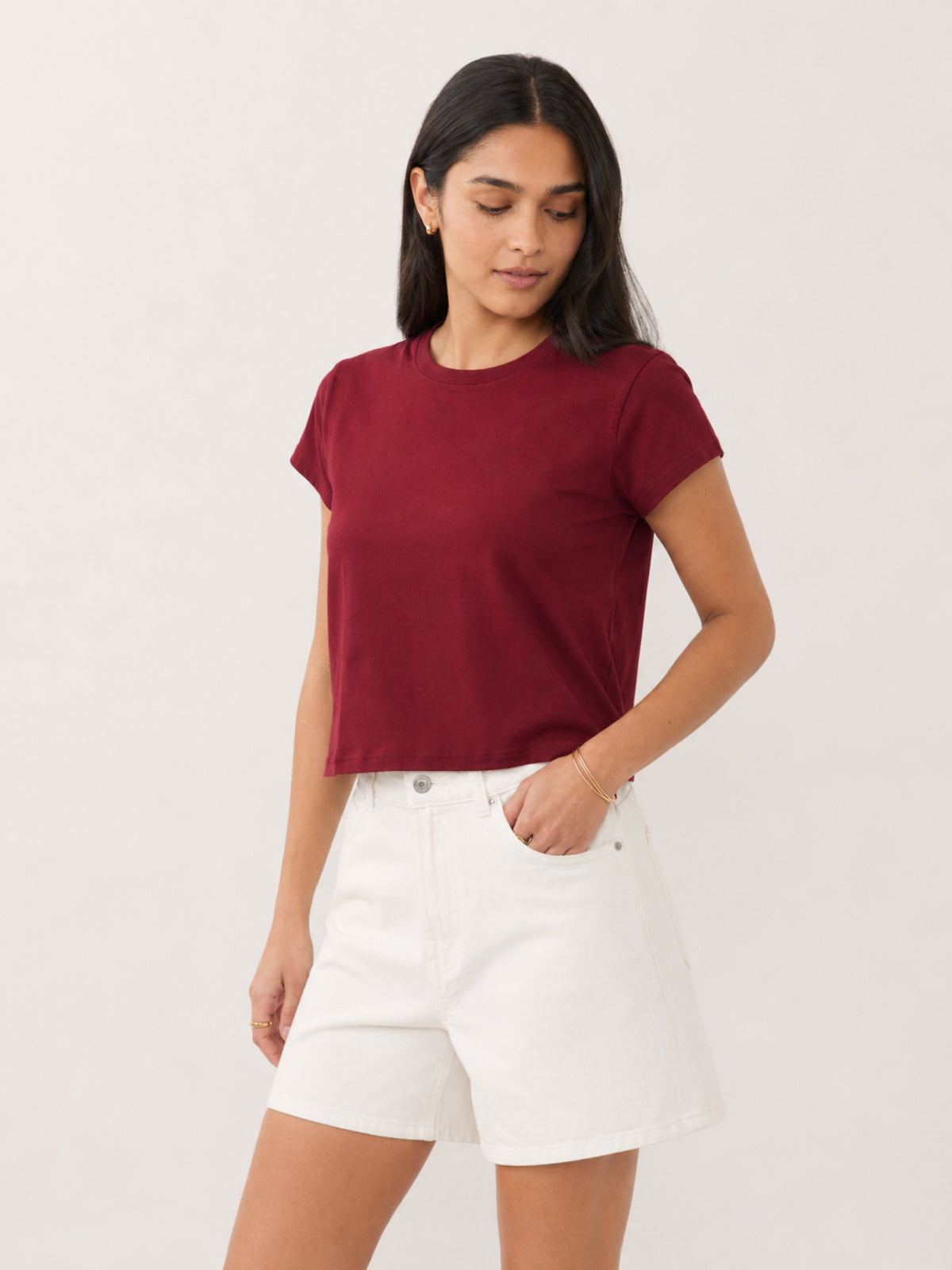 woman modeling a short-sleeve crewneck