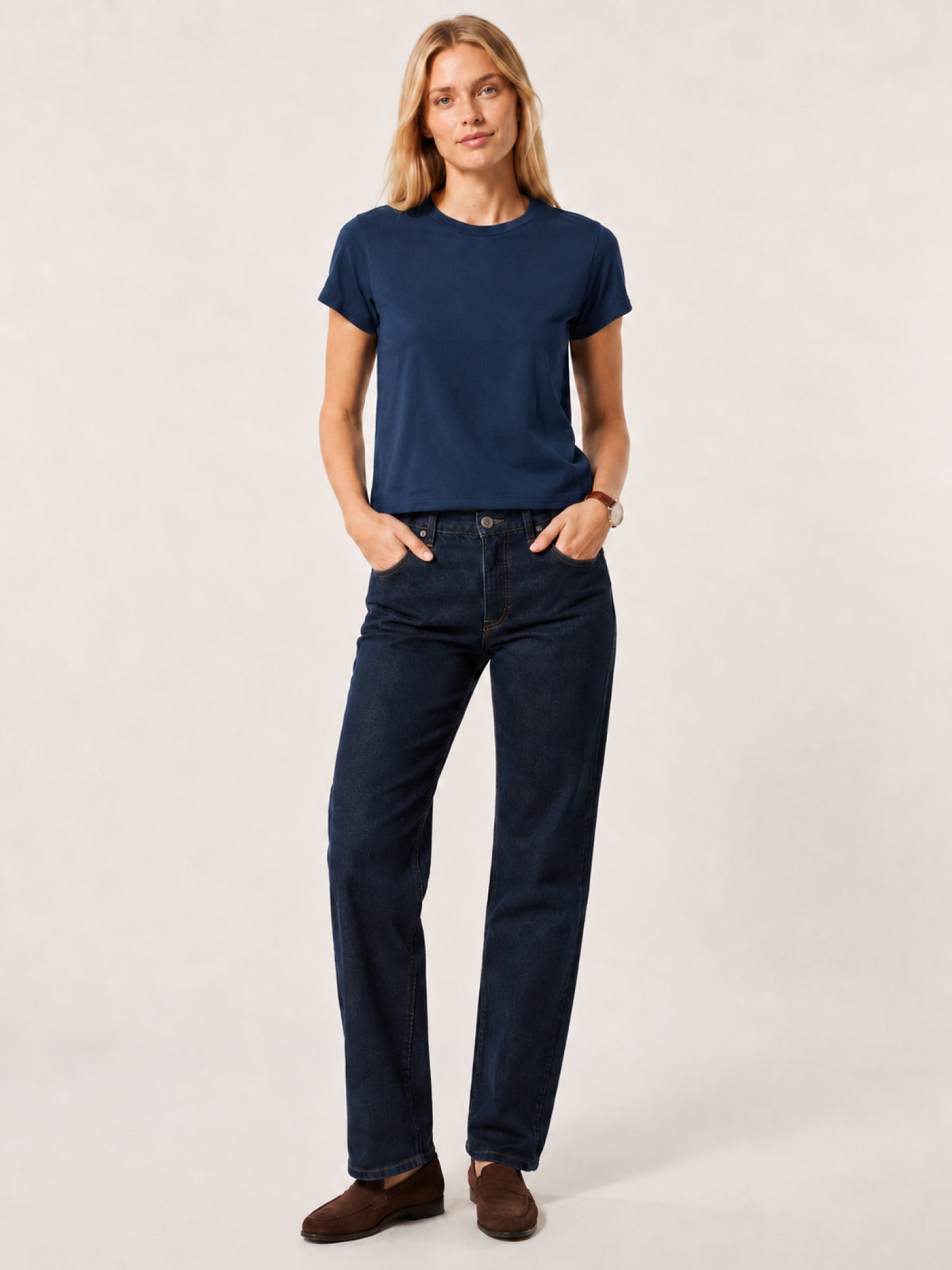  a navy blue short-sleeve crewneck t-shirt 