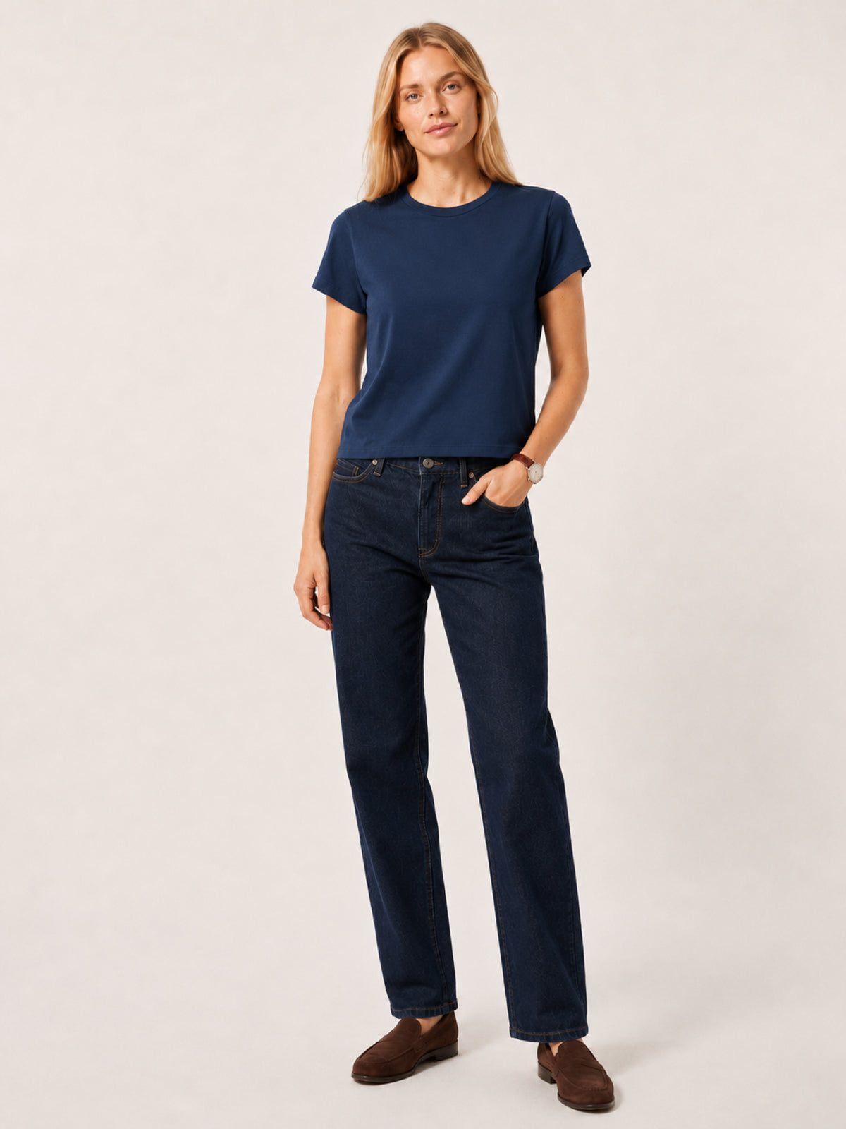 a navy blue short-sleeve crewneck t-shirt 