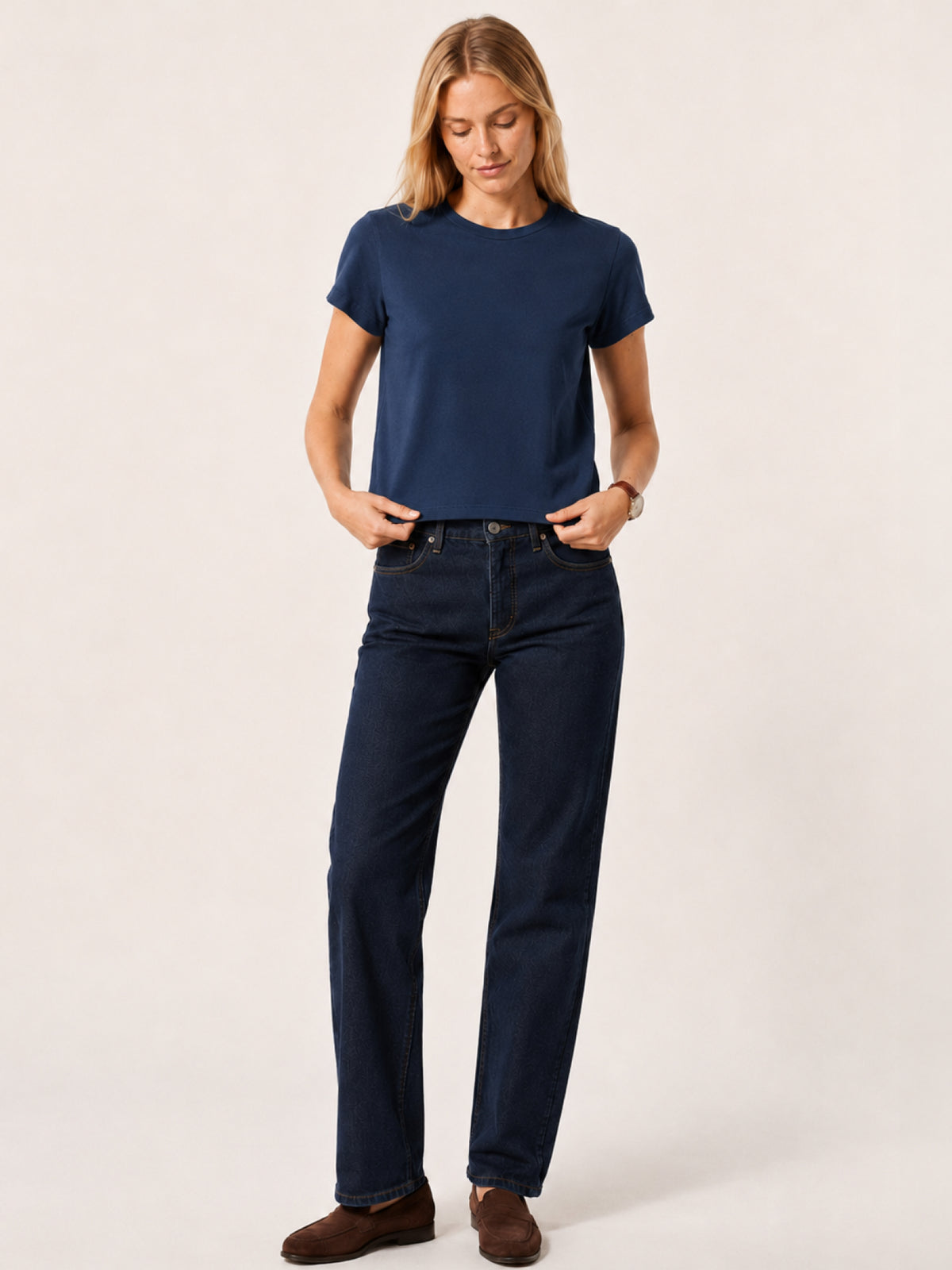  a navy blue short-sleeve crewneck t-shirt 