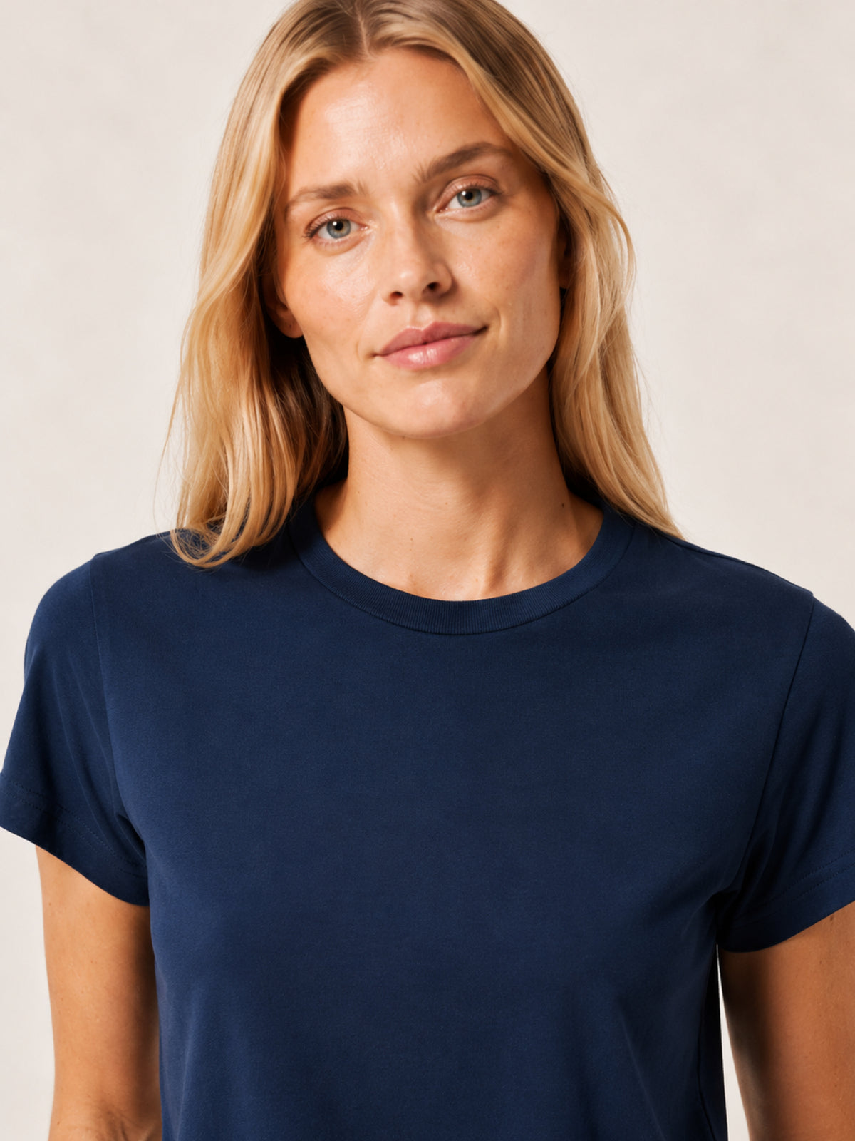a solid navy blue short-sleeve crewneck t-shirt