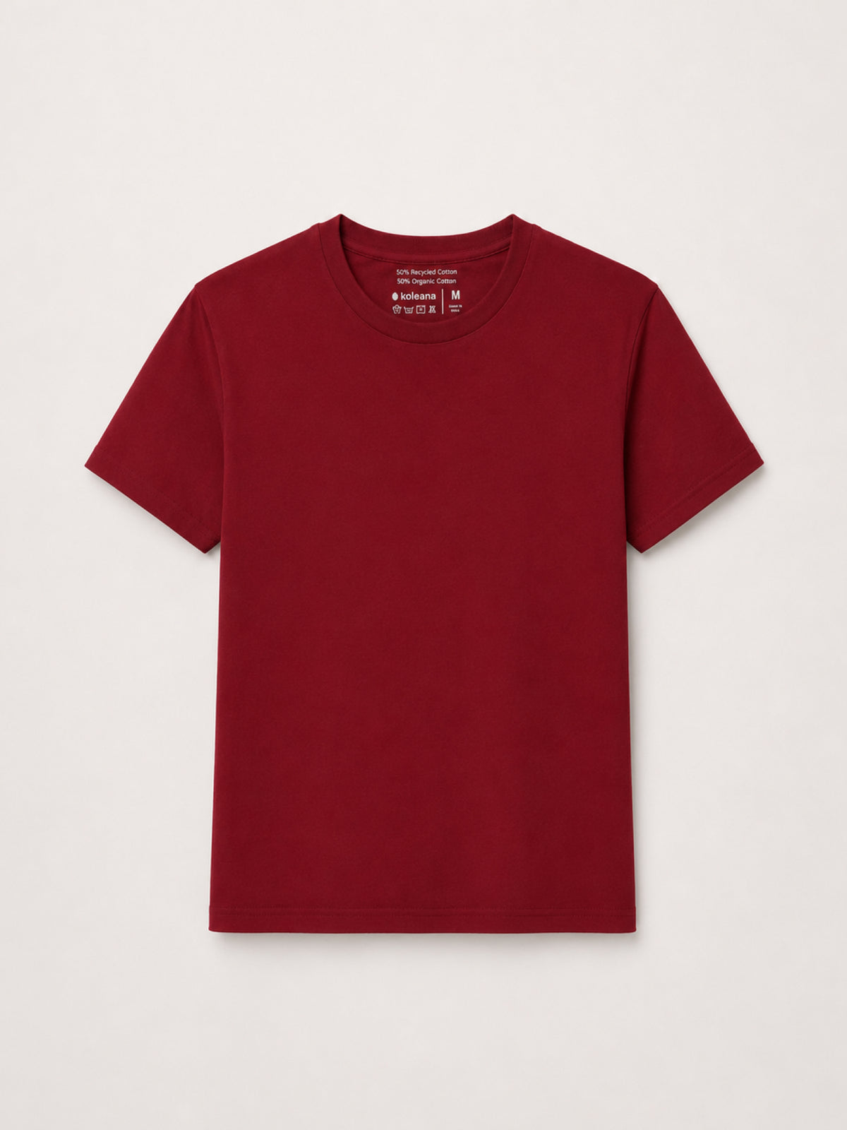 A dark red short-sleeve crewneck t-shirt