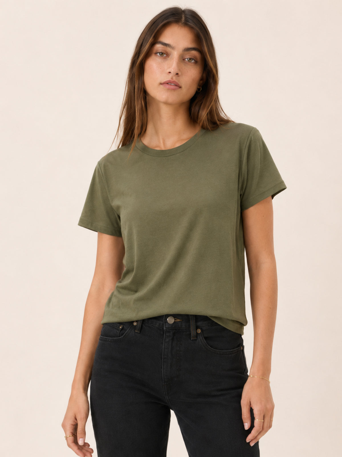 a short-sleeve crewneck t-shirt in olive green