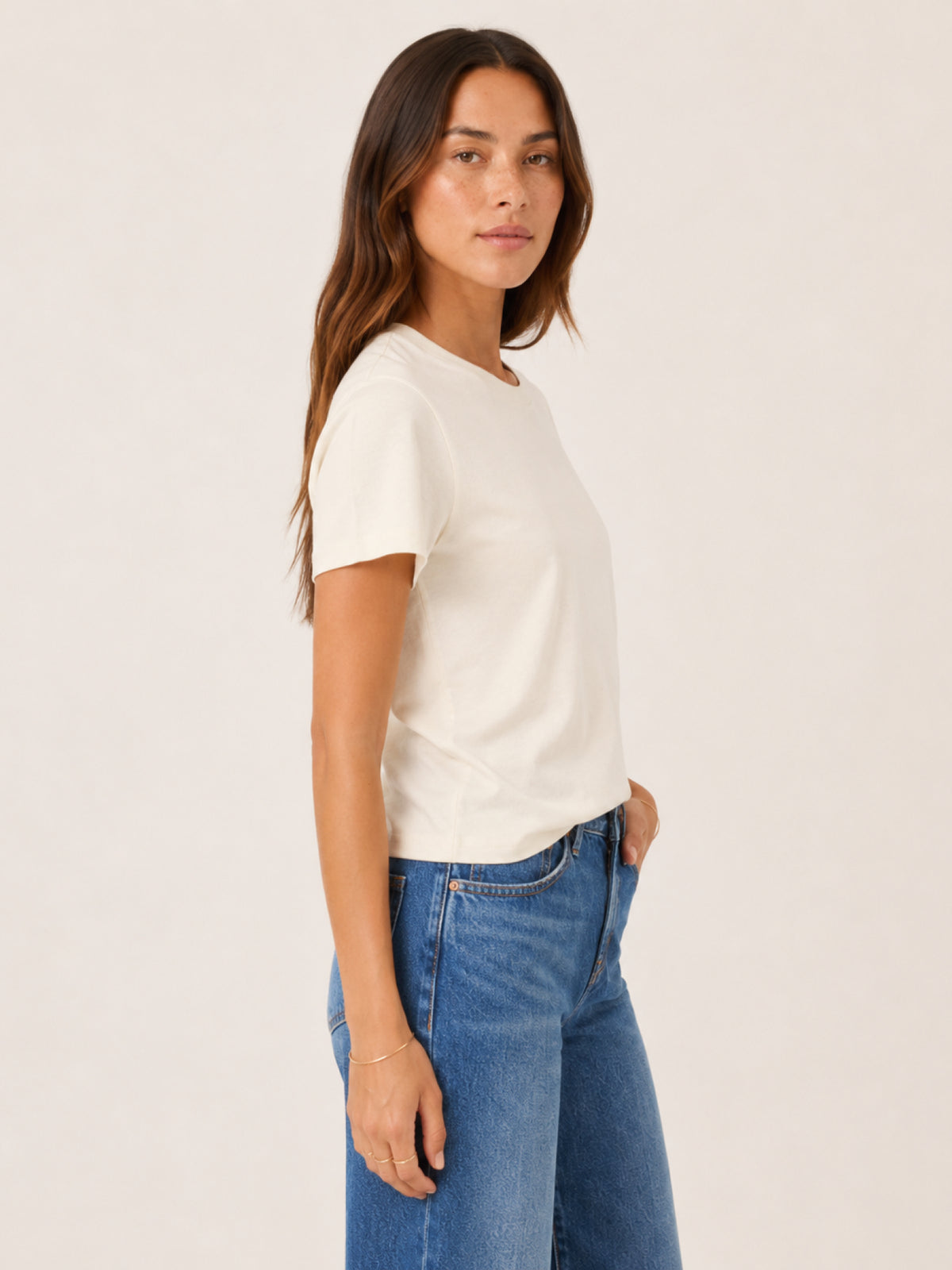 a plain white short-sleeve crewneck t-shirt 