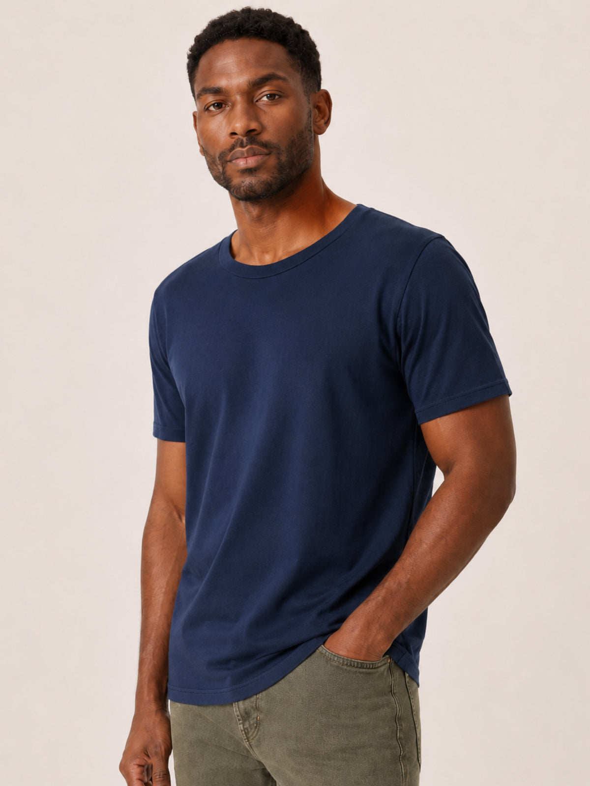a plain blue short-sleeve crewneck t-shirt