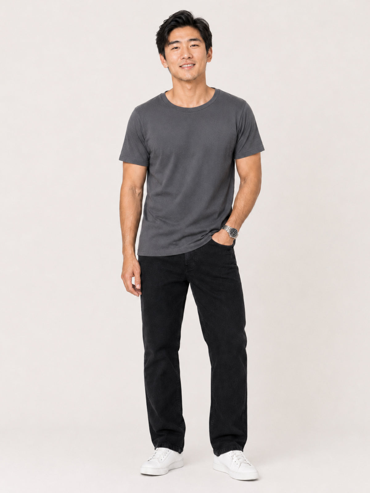 a plain grey short-sleeve crewneck t-shirt