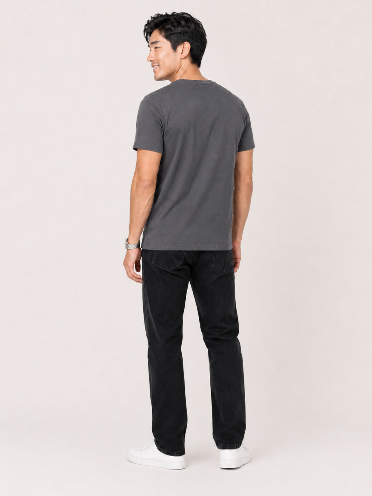 a plain grey short-sleeve crewneck t-shirt