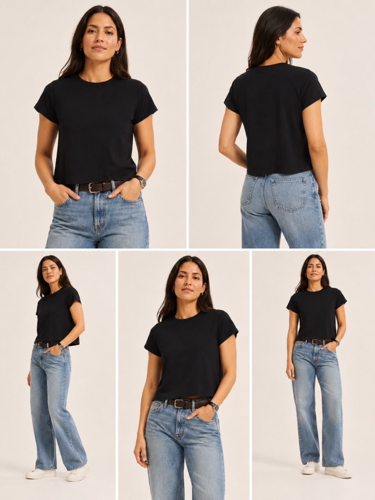 5 panel  a plain black short-sleeve crew-neck T-shirt